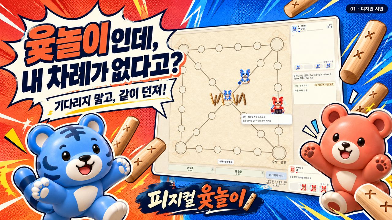 홍보 그림 — 윷놀이인데, 내 차례가 없다고? 기다리지 말고, 같이 던져!
