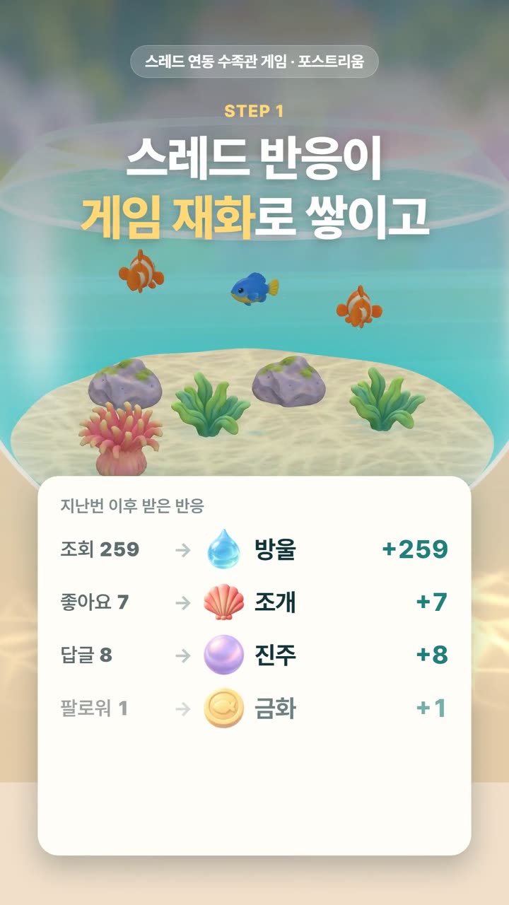 포스트리움 홍보영상 장면 — 스레드 반응이 방울·조개·진주 같은 보물로 바뀌어 어항에 쌓인다